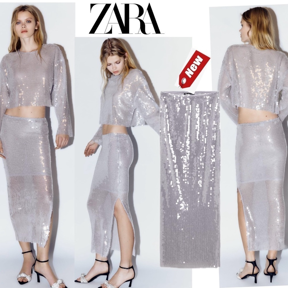 Zara gray sequin midi skirt side slit pull on Sz S NWT bloggers fave sparkly
